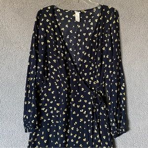 ) H&M Floral Dress Womens Size 4 Wrap Blue Yellow AI9